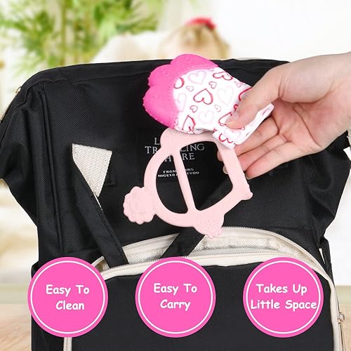 Miniatura 6 de Vicloon Manopla de dentición de silicona, 2 piezas Manopla de dentición con correa ajustable, sonido crujiente y texturada, juguetes para morder y