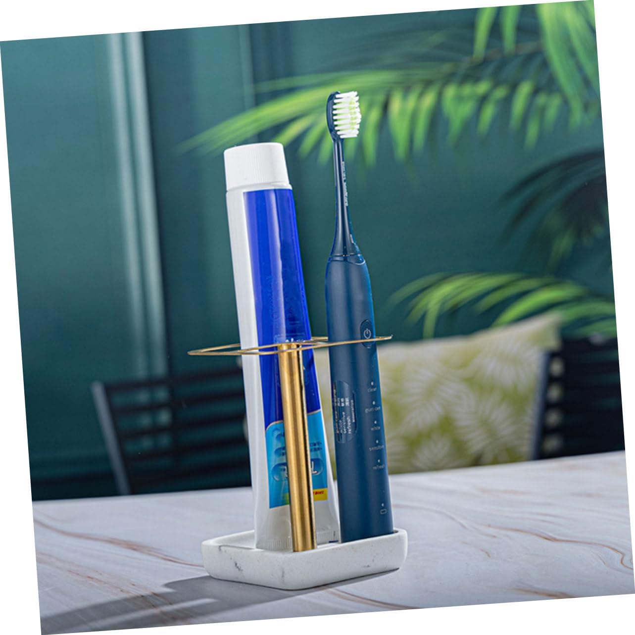 Stainless Steel Toothbrush Holder with Resin Base Elegant Bathroom Toothbrush Stand for Electric Toothbrushes and Makeup Brushes Stylish Toothpaste Storage Rack for Home Use