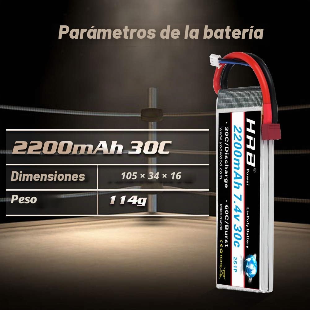 HRB 2PCS 2S 7.4V 2200mAh 30C Batería de lipo con Deans T Plug para RC Helicóptero Avión Coche Barco Camión
