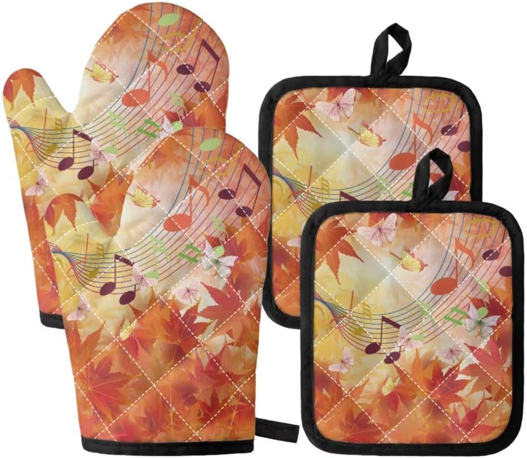 Horeset Fall Maple Leaf Durable Oven Mitts Set,4 PCS Resistant Hot Kitchen Microwave Gloves with Multi Purpose Safe Mats