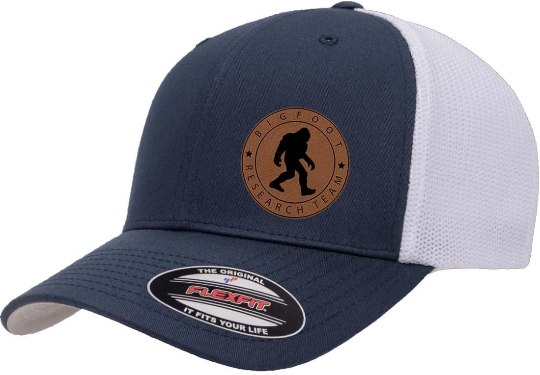 Maddmax Car Art Bigfoot Sasquatch Research Team Side Logo Laser Engraved Leather Patch Trucker Mesh Fitted Cap