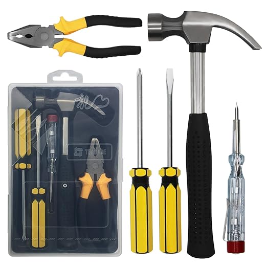 WAIZHIUA 5Pcs Home Tool Kit, Essential Household Hand Tools Home and Office Tool Kit Set with Hammer Pliers Screwdriver Voltage Tester for DIY Repair Maintenance