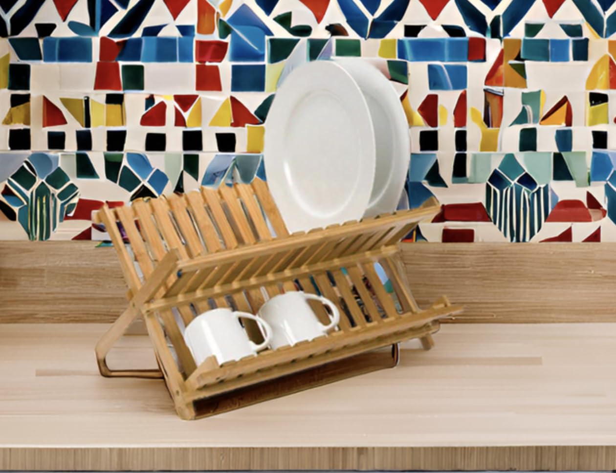 DURA LIVING Bamboo Dish Drying Rack - 2-Tier Collapsible & Foldable Countertop Organizer, Natural Eco-Friendly Wood, Space-Saving Design for Plates, Bowls, Cups