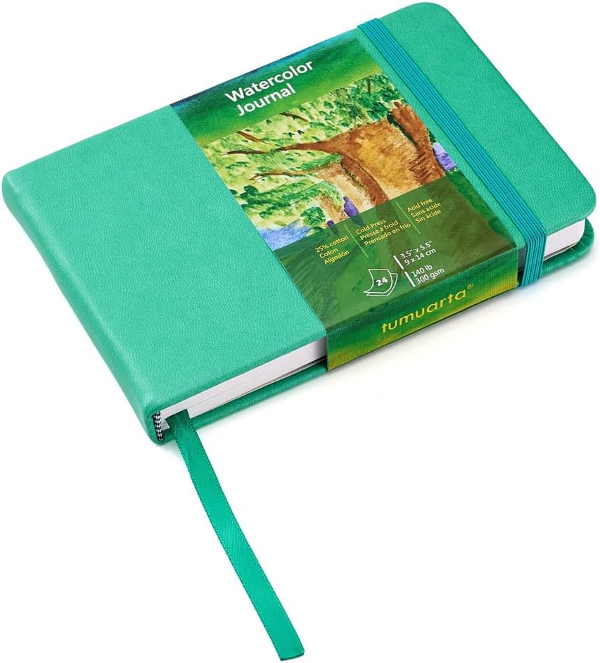 Watercolor Journal, 3.5x5.5”, 140 LB, 300 GSM, Cotton Paper, Cold Press, 24 Sheets, 48 Pages, Watercolor Sketchbooks for Use As Travel Notebook Mixed Media Pad On The Go (Blue)