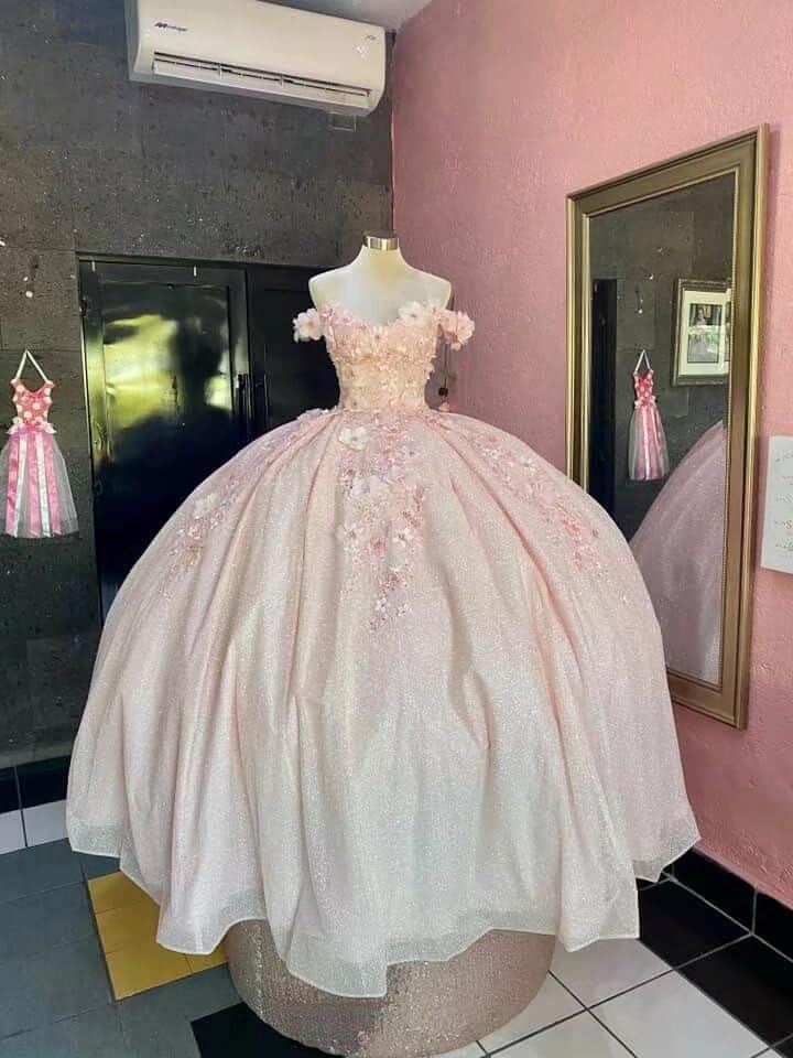 Glitter Tulle Off The Shoulder Quinceanera Dresses with Sleeves Floral Lace Pearls Prom Dress Women 20252