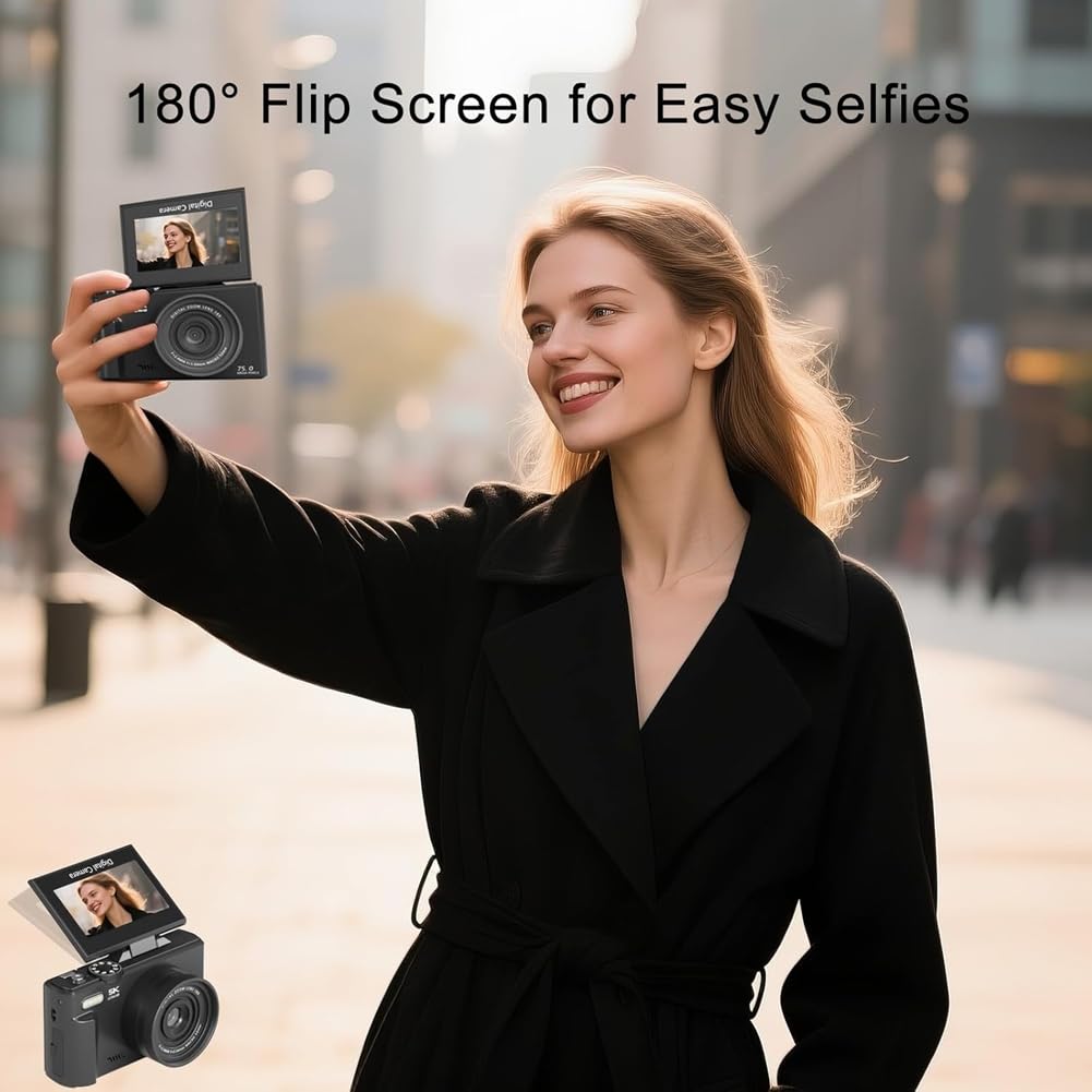 Fotocamera Vlog 5K Fotocamera Digitale WiFi Autofocus Schermo Flip 180°, Fotocamera Compatta per Fotografia per Principianti, Adolescenti A
