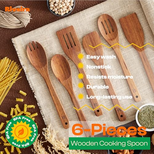 Riveira Teak Wooden Spoons for Cooking Set of 6 – Natural Teak Wooden Cooking Utensils, Wooden Spatula, Wooden Spoon - Premium Quality Utensil Set for Non-Toxic Cooking by Riveira - Image 5