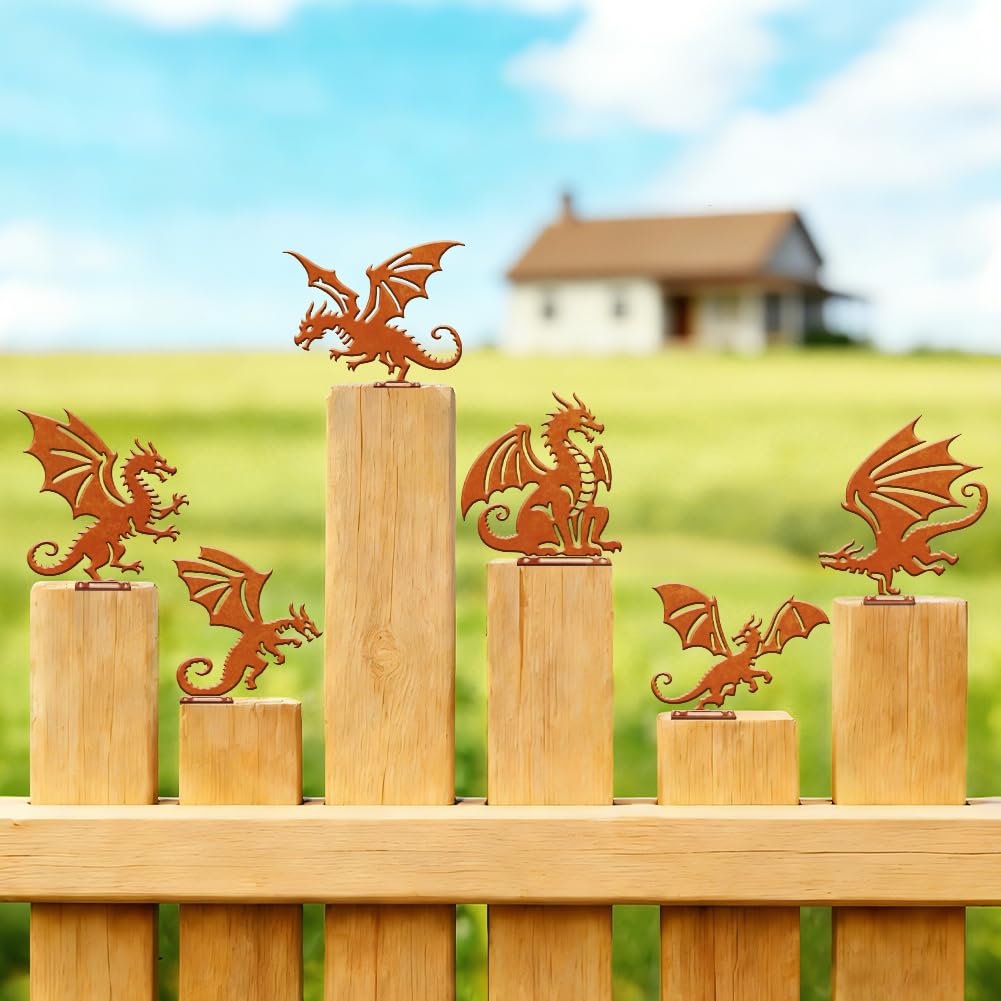 SUPERDANT 6PCS Decorative Garden Stakes Metal Dragon Statue Flying Dragons Silhouette Lawn Ornaments Black Yard Art for Outdoor Garden Courtyard Patio Grassland Housewarming Gifts