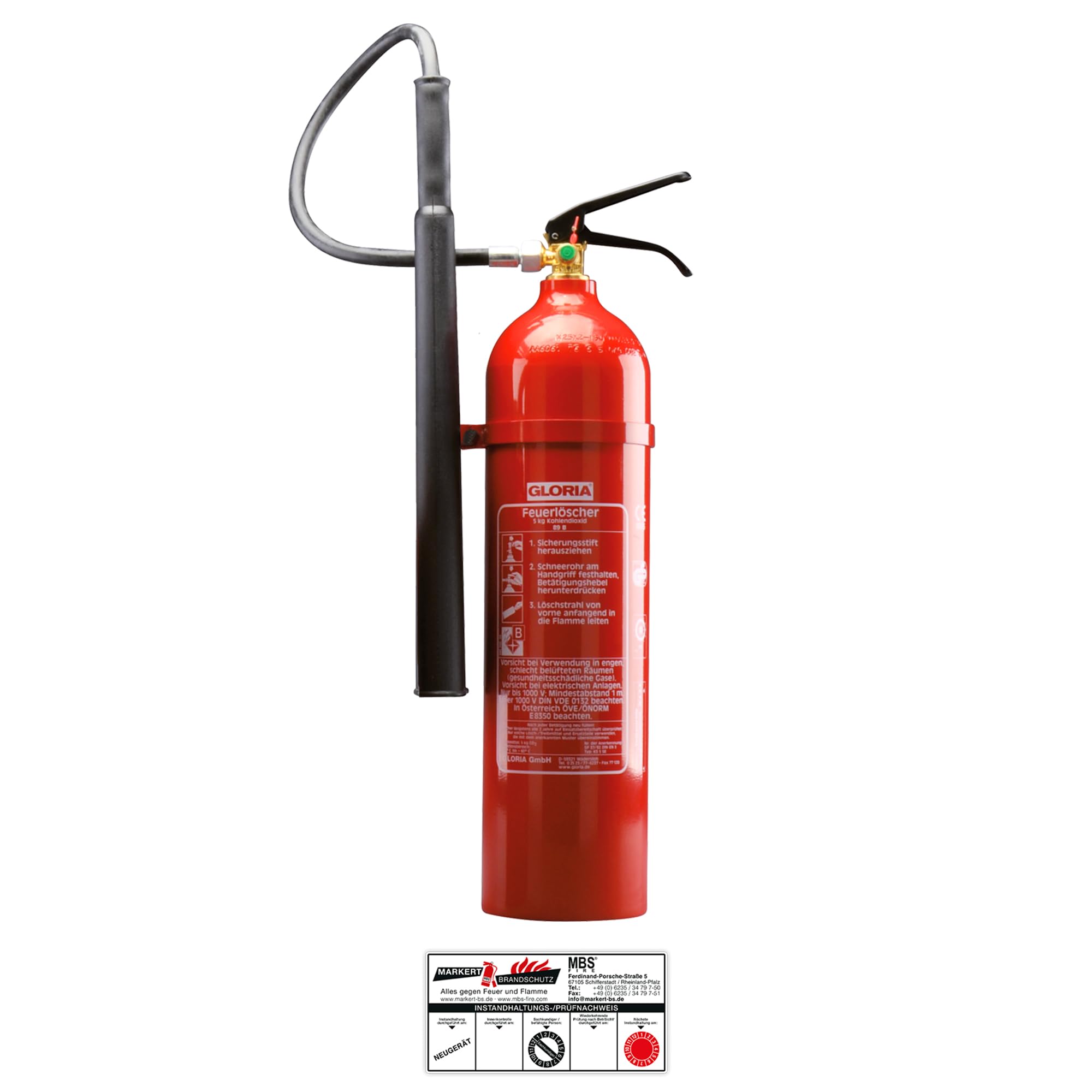 Gloria - 5 kg CO2 Feuerlöscher - KS 5 ST - Kohlendioxidlöscher - f. elektrischen Anlagen u. EDV - inkl. Wandhalterung - mit aktuellem Prüfnachweis