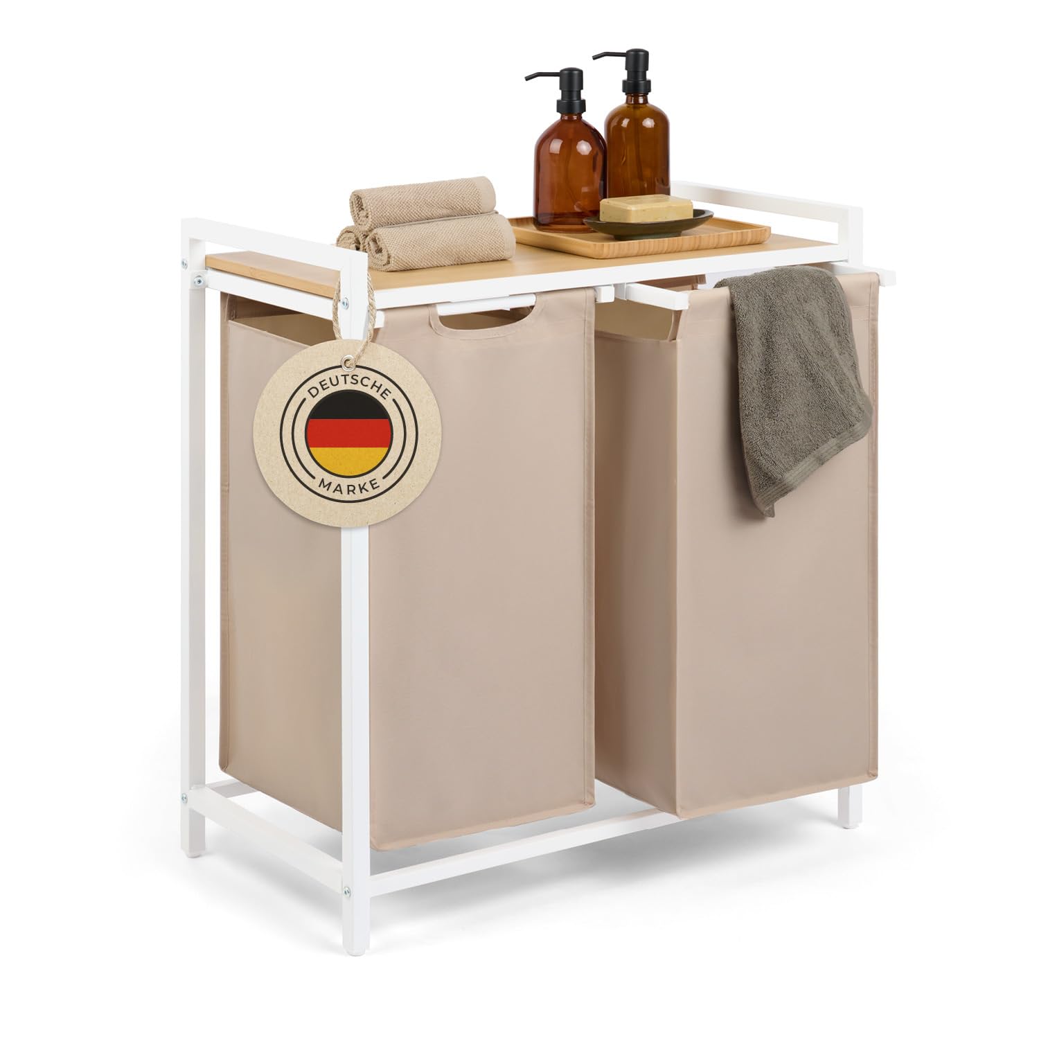 Blumtal Wäschesammler 2 Fächer Creme - Wäschekorb mit Ablage in Bambus-Optik - Wäscheschrank mit Metall-Rahmen in Weiß - Wäschekorb mit Beinen - Wäschesortierer 2 Fächer - Laundry Organizer