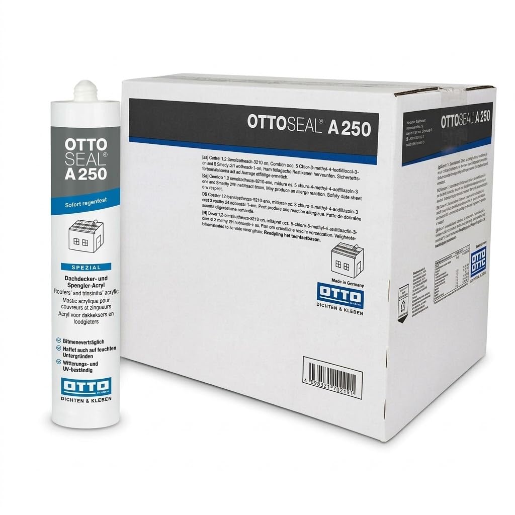 20x OTTO-SEAL A250 Dachdecker- und Spengler-Acryl Grau 310 ml, 1K Acryl-Copolymer-Dichtstoff für innen und außen, sofort regenfest, bitumenverträglich, haftet auf feuchten Untergründen, UV-beständig