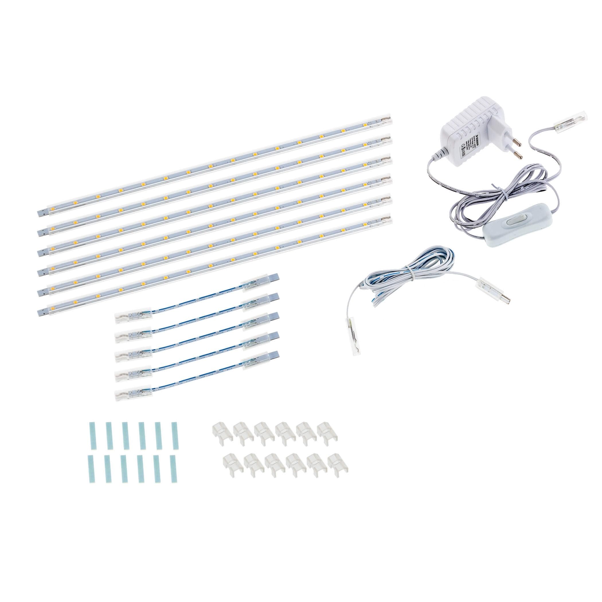 SEBSON LED Leiste Küche 12V 6-tlg Lichtleiste 30cm mit Stecker & Schalter | flache Unterbauleuchte Schrank - warmweiß 2W 190lm - Licht Leiste mit Netzteil, Schalter und Verbindungkabeln - 9x7x300mm