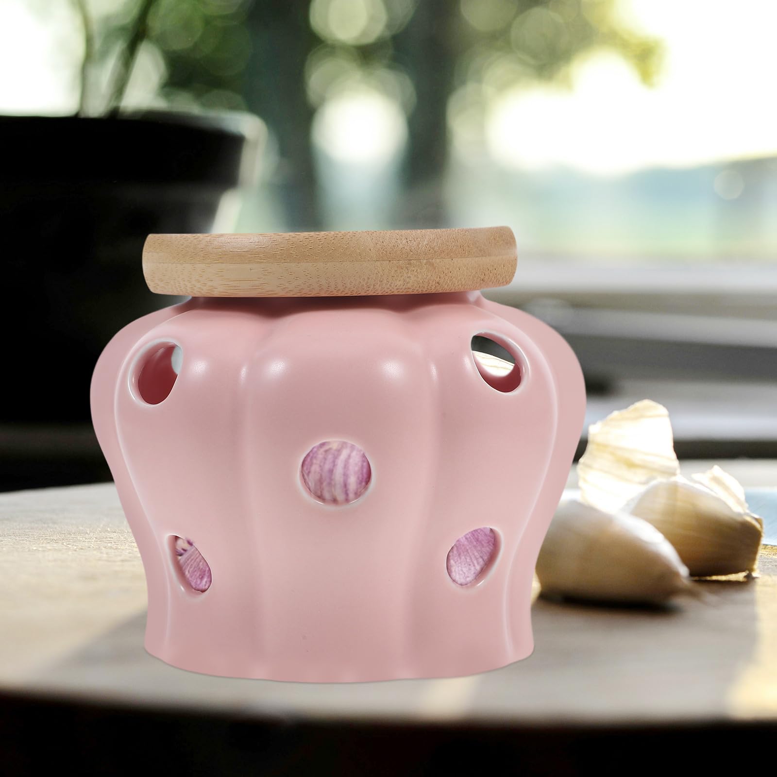 OSALADI Recipiente de Cerámica Tapa Ventilada Gran Capacidad Fácil de Limpiar para Almacenamiento de Ajo y Jengibre Adecuado para Accesorios de Cocina Hogar