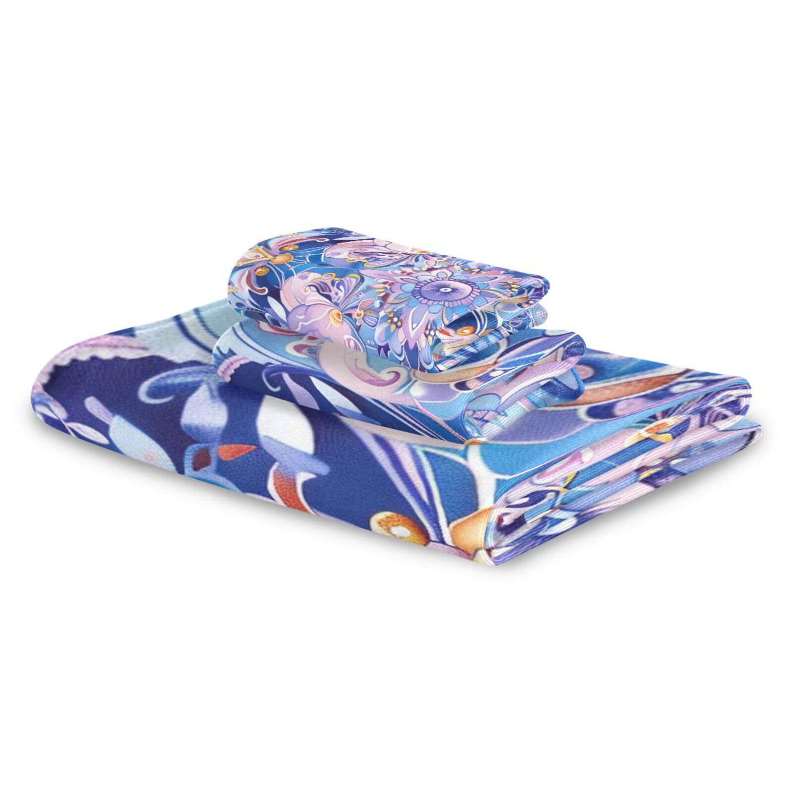 Set di 3 asciugamani decorativi per il viso in stile bohémien, motivo floreale viola, 1 asciugamano da bagno, 1 asciugamano per mani, 1 panno per la casa, cucina, hotel, palestra, nuoto, spa