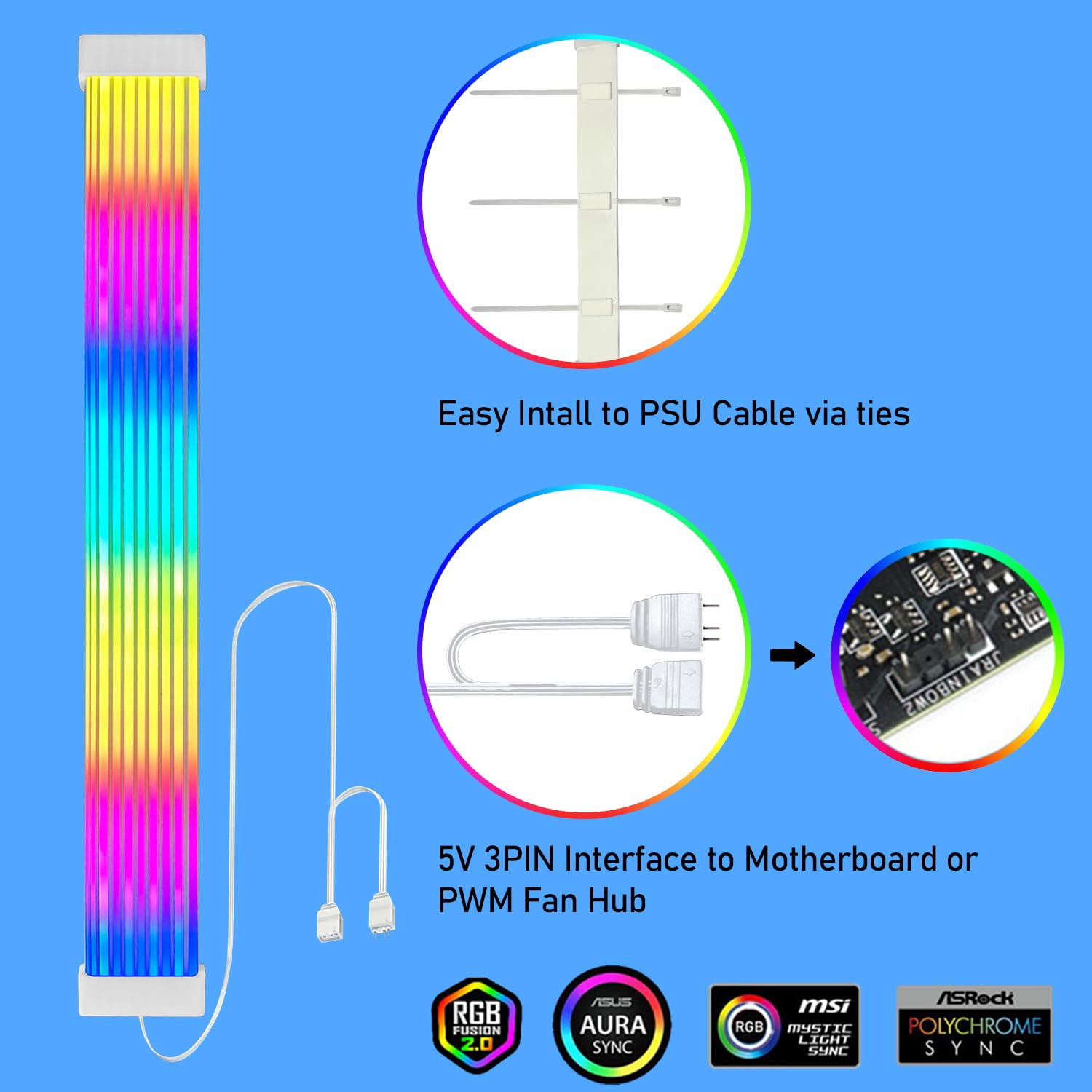 HX-100 RGB kabel zasilający do komputera GPU 5 V, 3-pinowy, ARGB Sync PC, idealny kabel 6-pinowy, 8-pinowy, 12-pinowy, 16-pinowy, 24-pinowy, kolorowy, do obudowy komputera PC