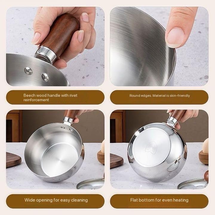 Image of Mini Oil pan for Home, Stainless Steel Tadka Pan with Wooden Handle | Heavy Base Small Saucepan for Tempering, Melting Butter, Heating Milk & Cooking | Gas & Induction Compatible (Pack of 1)