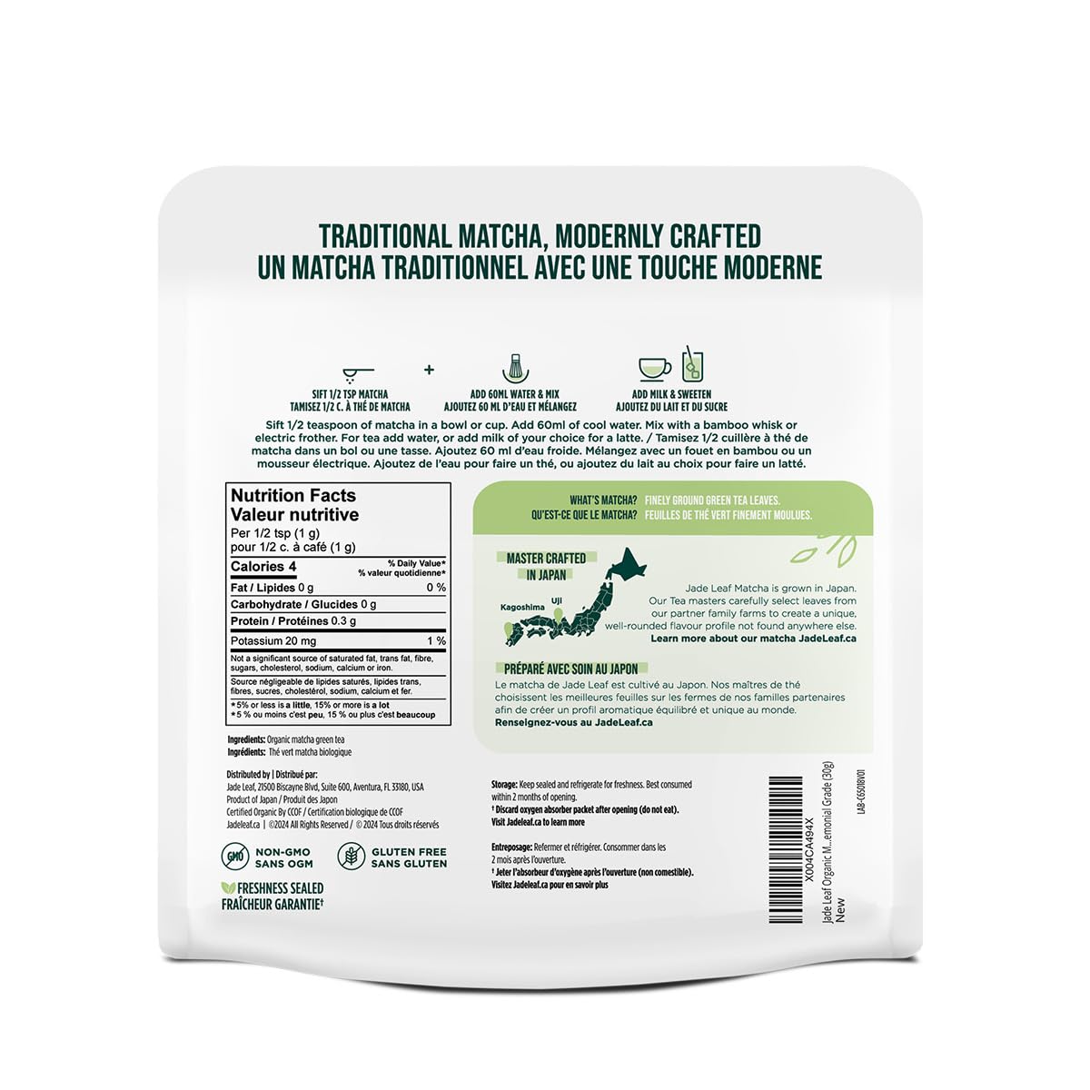 Close-up of Jade Leaf Matcha Organic Ceremonial Grade powder showing its vibrant green colour in a pouch.