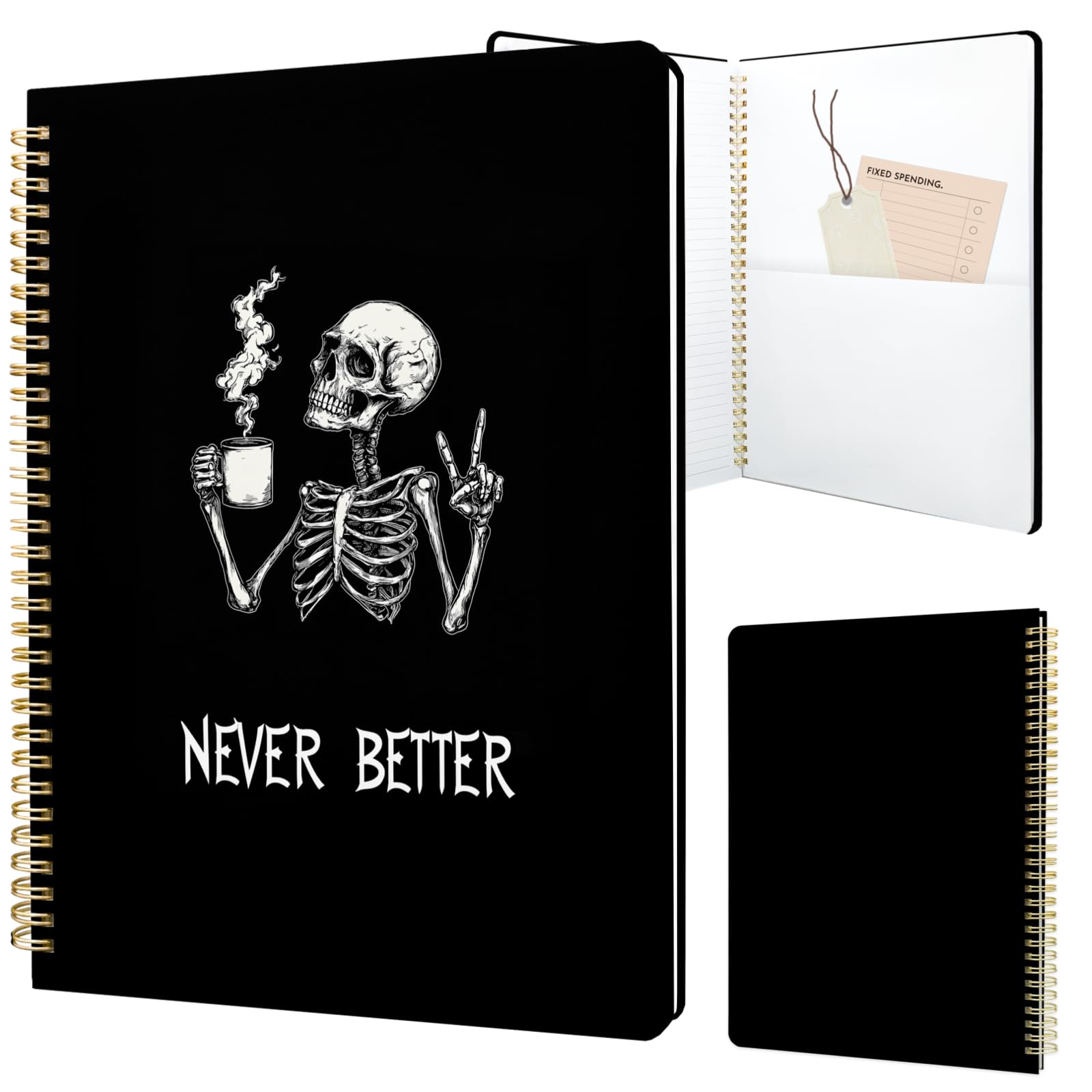 Stanoha Cute Spiral Notebook journal A4 Aesthetic Pretty Design for Women Girls Kawaii with Pocket, 8.5 x 11 inch, Lined, Skeleton