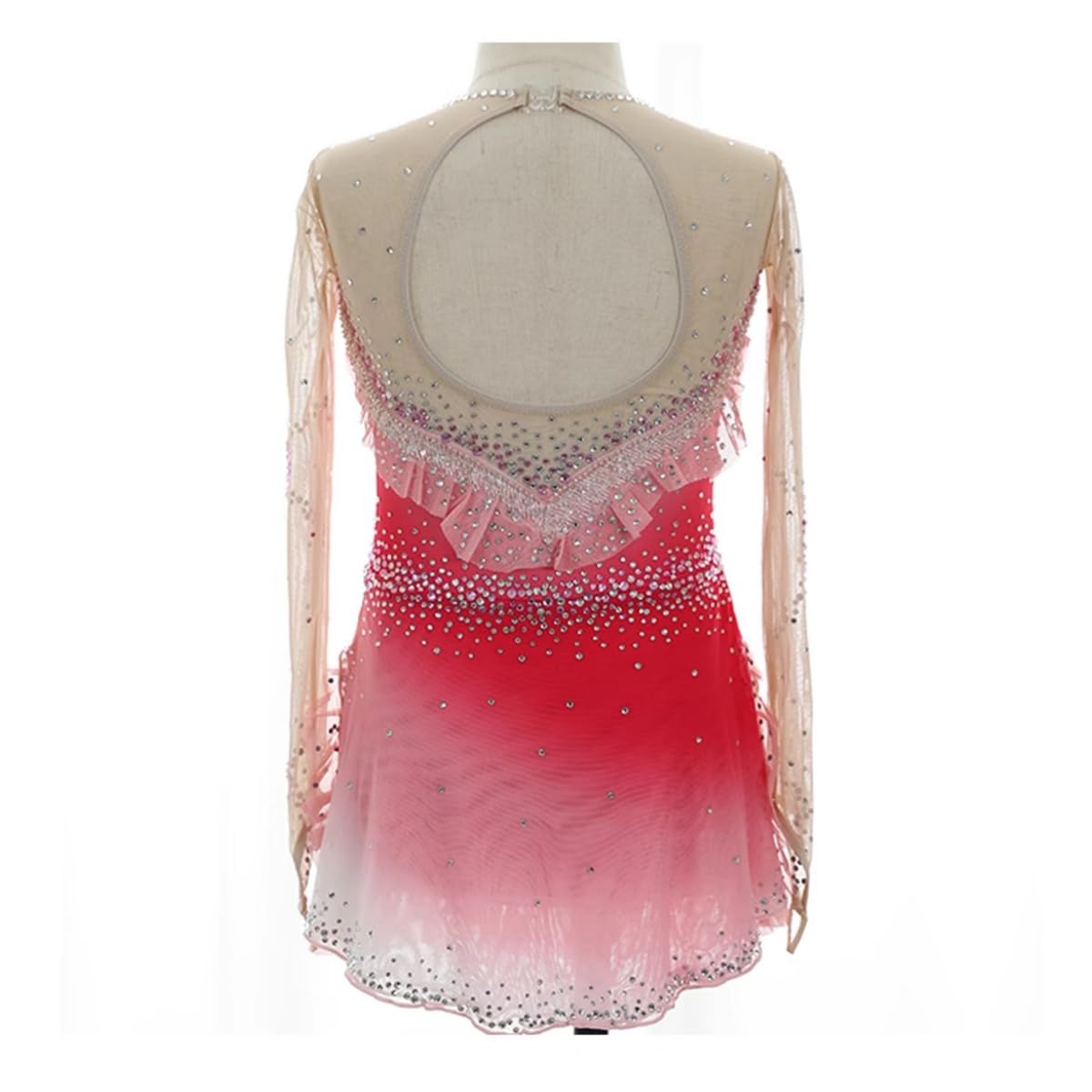 purpleq Glitzer Eiskunstlauf Kleid Damen Rosa Farbverlauf Langarm Kürkleid Strasssteine Ballerina Kleid Latein Tanzkleid Wettbewerb Tanzkostüm Wettbewerb Tanzkostüm