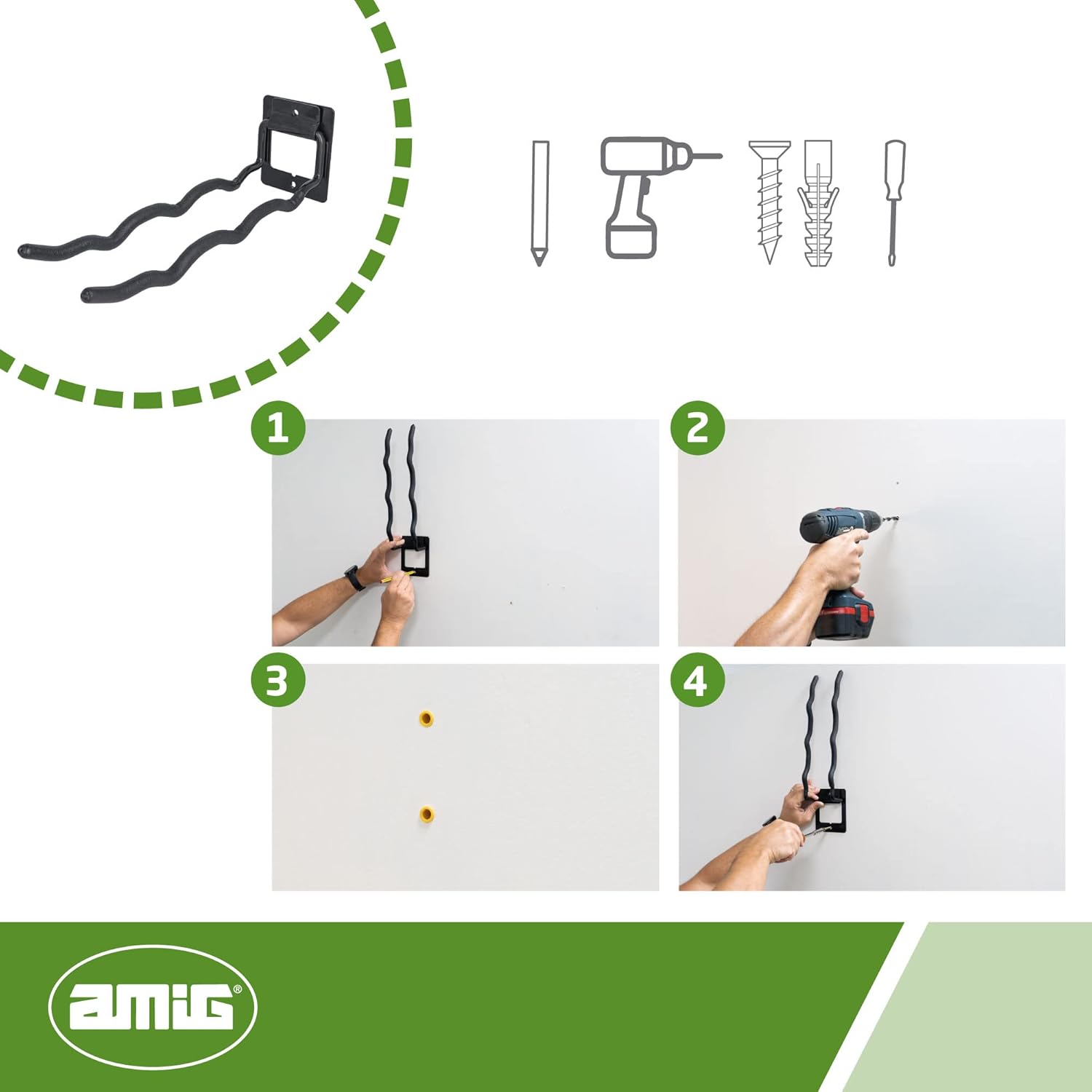 Amig - Garage and Garden Tool Hanger Hook - Folding Bracket for screwing on Wall - Steel - Non-Slip Rubber Coating - Load Capacity: 15 kg