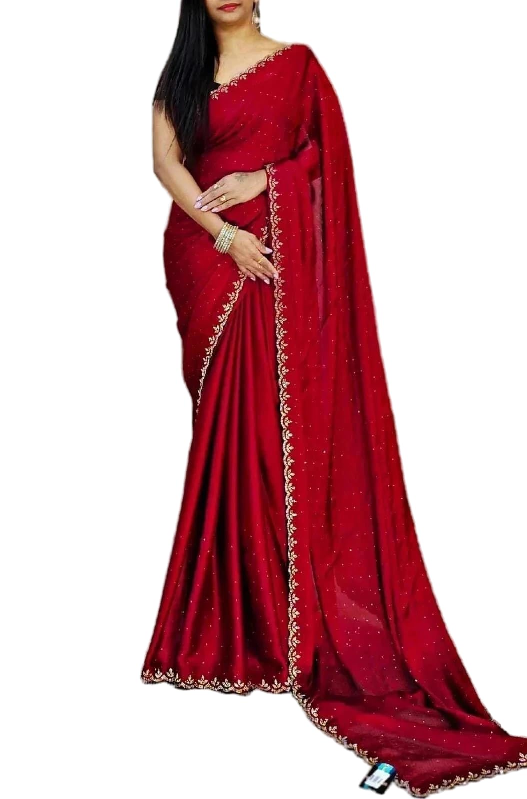 JS Clothing MartWomen's Dailywear Georgette Stone Work Saree with Border & All-Over Stone Embellishments – Wedding Saree with Blouse Piece (5 Colors, 5.5m Saree + 0.8m Blouse)