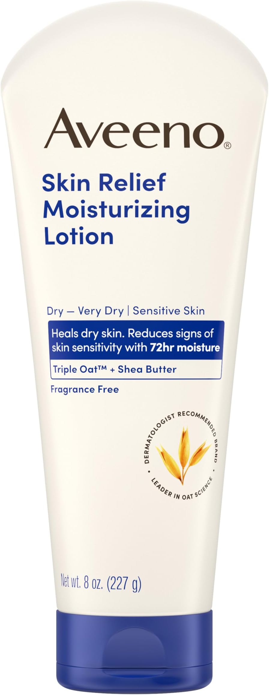 Aveeno Skin Relief Moisturizing Lotion Heals Very Dry, Sensitive Skin, Fast-Absorbing Body Lotion with Soothing Triple Oat & Shea Butter Formula, Fragrance Free, Non-Comedogenic, 8 oz