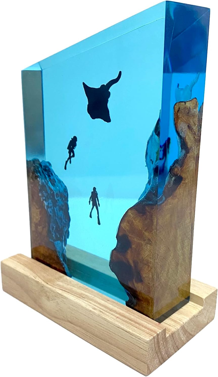 A Grand Resin Night Light with Simulated Ocean Landscapes, bat Fish, and Divers. Artistic Home Decoration, Birthday Gift Handmade from Resin and Solid Wood.