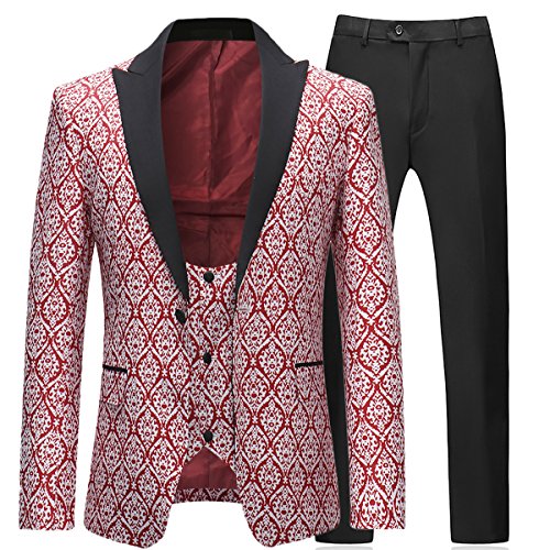 Anzug Herren Slim Fit 3 Teilig Business Hochzeit mit Jacquard EIN Knopf Peak Kragen Cover