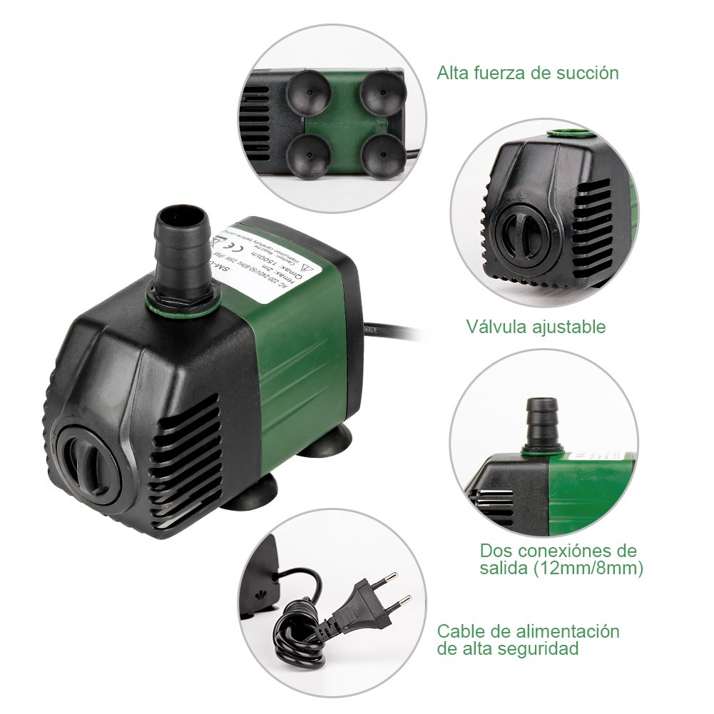 Bomba de Agua Sumergible 1500L/H 25W para Acuario Estanque Pecera Fuente Circulación de Agua Dulce y Marino con 2 Boquillas 2m de Altura (Paquete de 2)