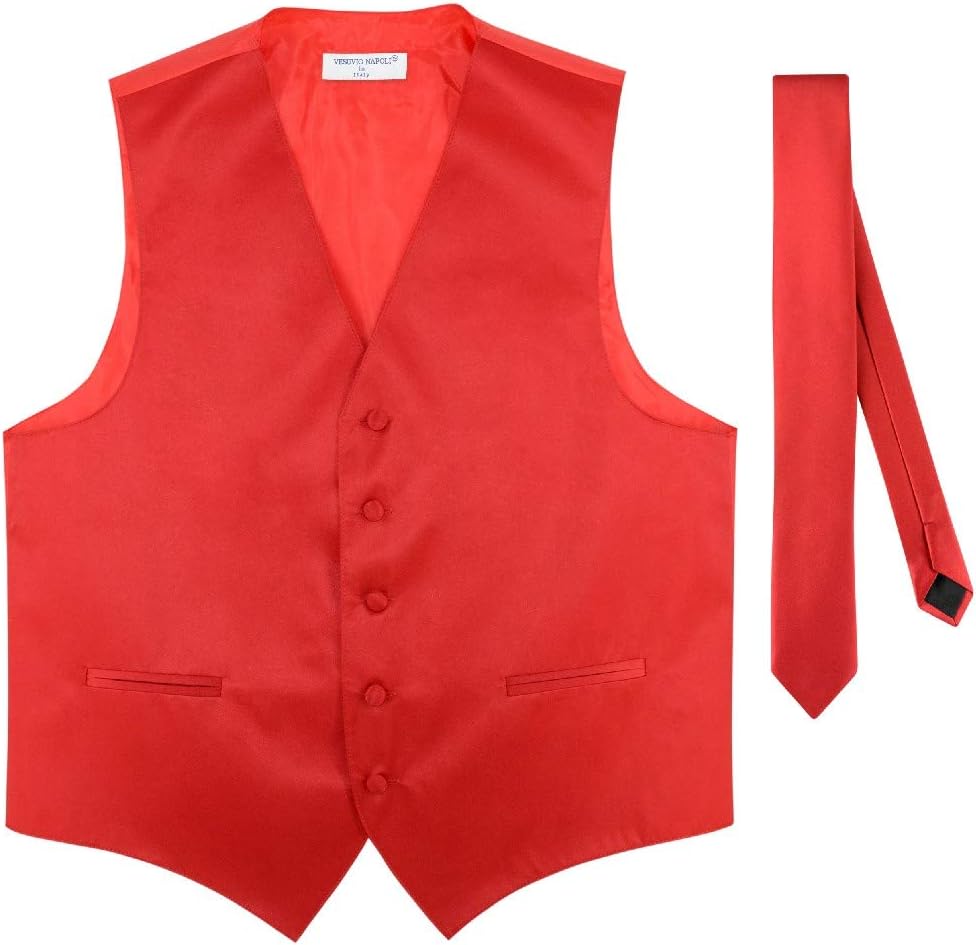 Vesuvio Napoli Men's Dress Vest & Skinny NeckTie Solid Burgundy Color 2.5" Neck Tie Set