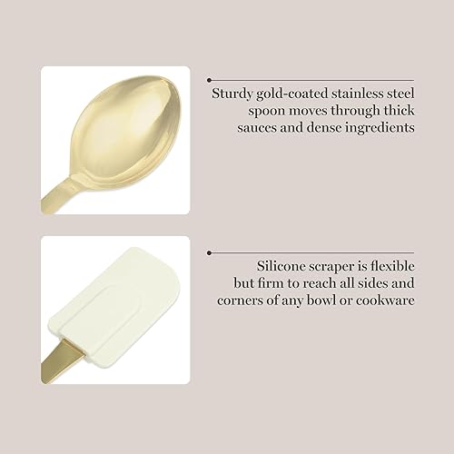 Miniatura 5 de Martha Stewart Lockton - Juego de 2 espátulas y cucharas de cocina, utensilios de cocina de acero inoxidable y nailon con asas de lino y detalles