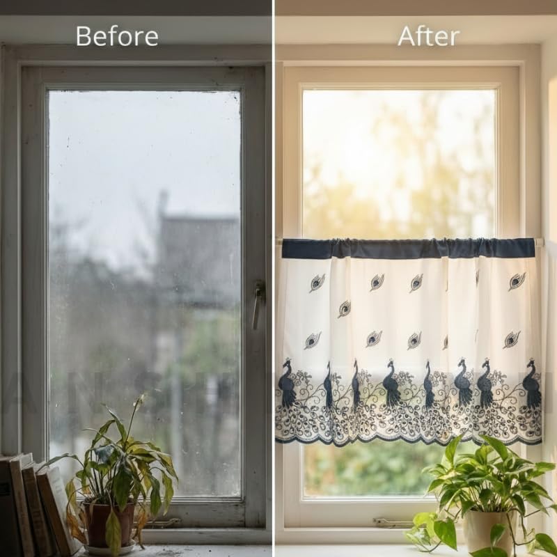 Image of Short Window Curtain for Kitchen, Living Room, Cafe, Restaurant & Home Decor | Elegant Half Window Valance | Length - 24 Inch, Width - 42 Inch (Grey Peacock, Small)
