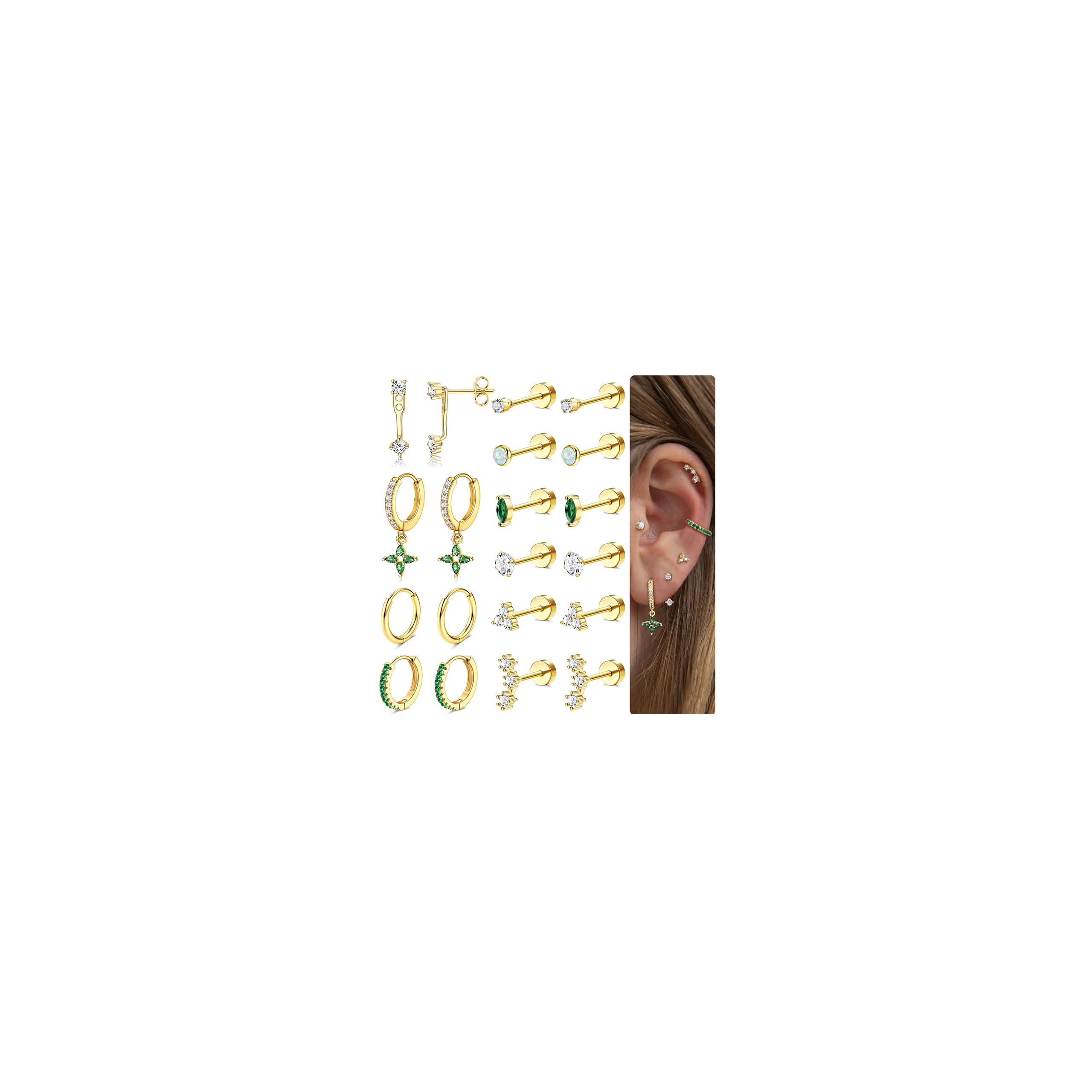 MILACOLATO Hypoallergenic Flat Back Earrings Gold Cartilage Earring Sets for Multiple Piercing 20G Surgical Stainless Steel Earrings for Women Trendy Earring Stacks Small Hoop Flatback Stud Earrings