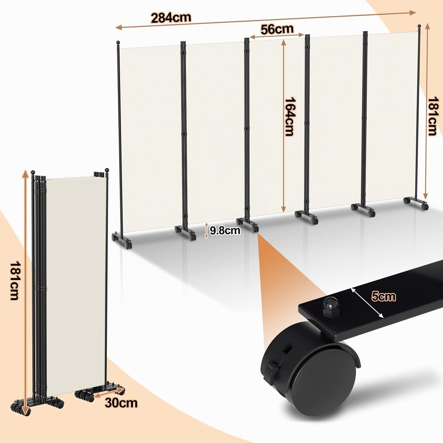 Paravent Raumteiler 284x181cm，Trennwand Freistehend Sichtschutz auf Rollen, Umkleide Sichtschutz Raumtrenner 5 Teilig für Büros, Balkon(Weiß)