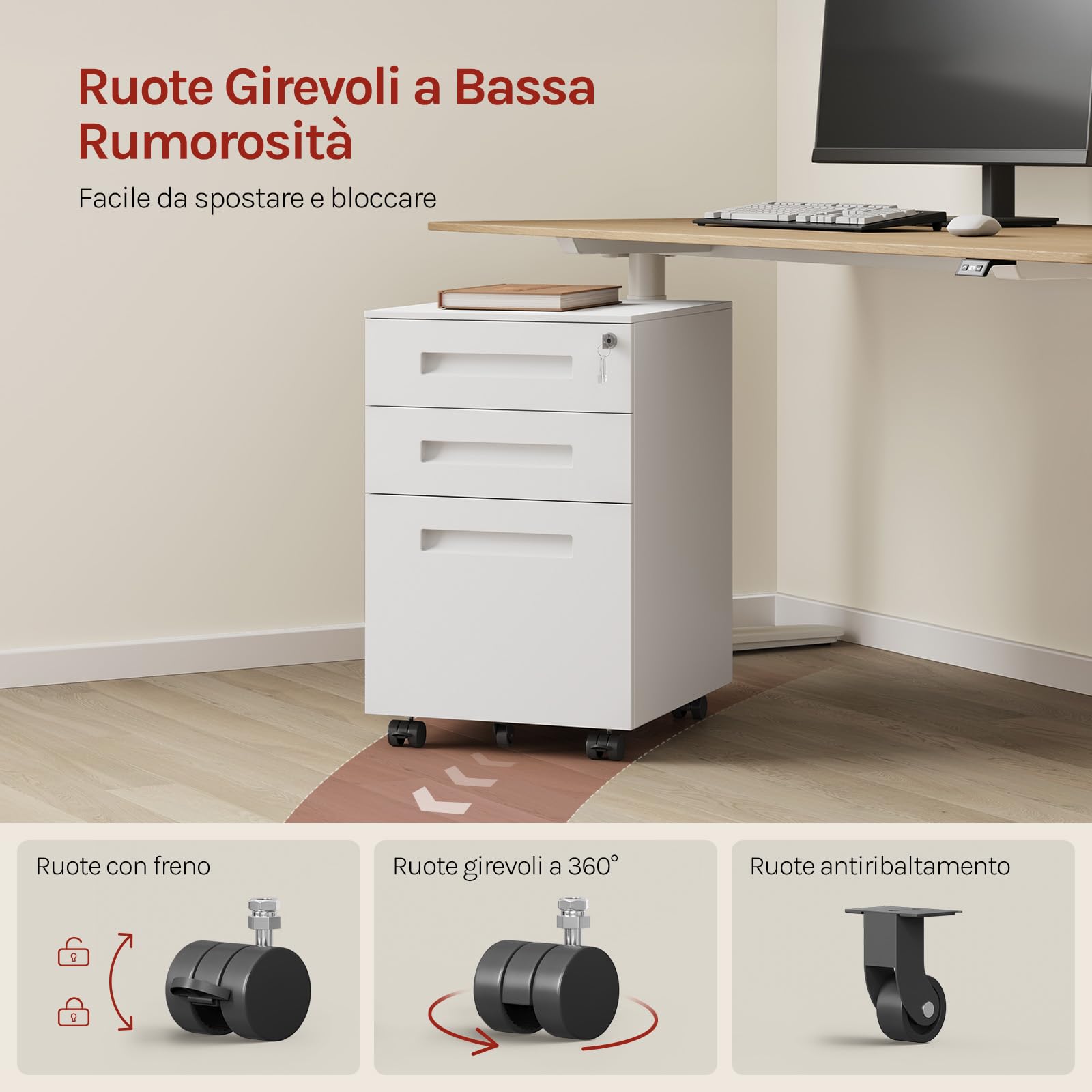 WOLTU Cassettiera da Ufficio Scrivania Studio con Rotelle Mobiletto con 3 Cassetti e Serratura per Documenti Cartelle Sospese Cancelleria, Pre-Assemblato, metallo Bianco