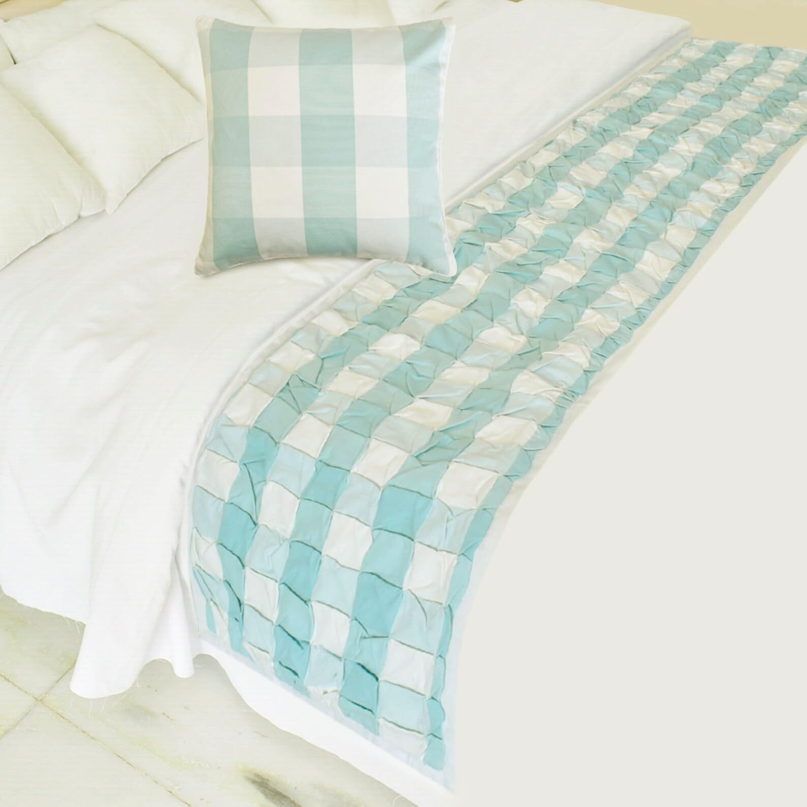 The HomeCentric King/Queen/Twin Aqua Decorative Bed Runner Twin 133x45 cm Bed Runner WITHOUT Cushion Cover, Checkered, Buffalo Plaid, Check Bed Scarf on Cotton fabric - Aqua Plaid Knots