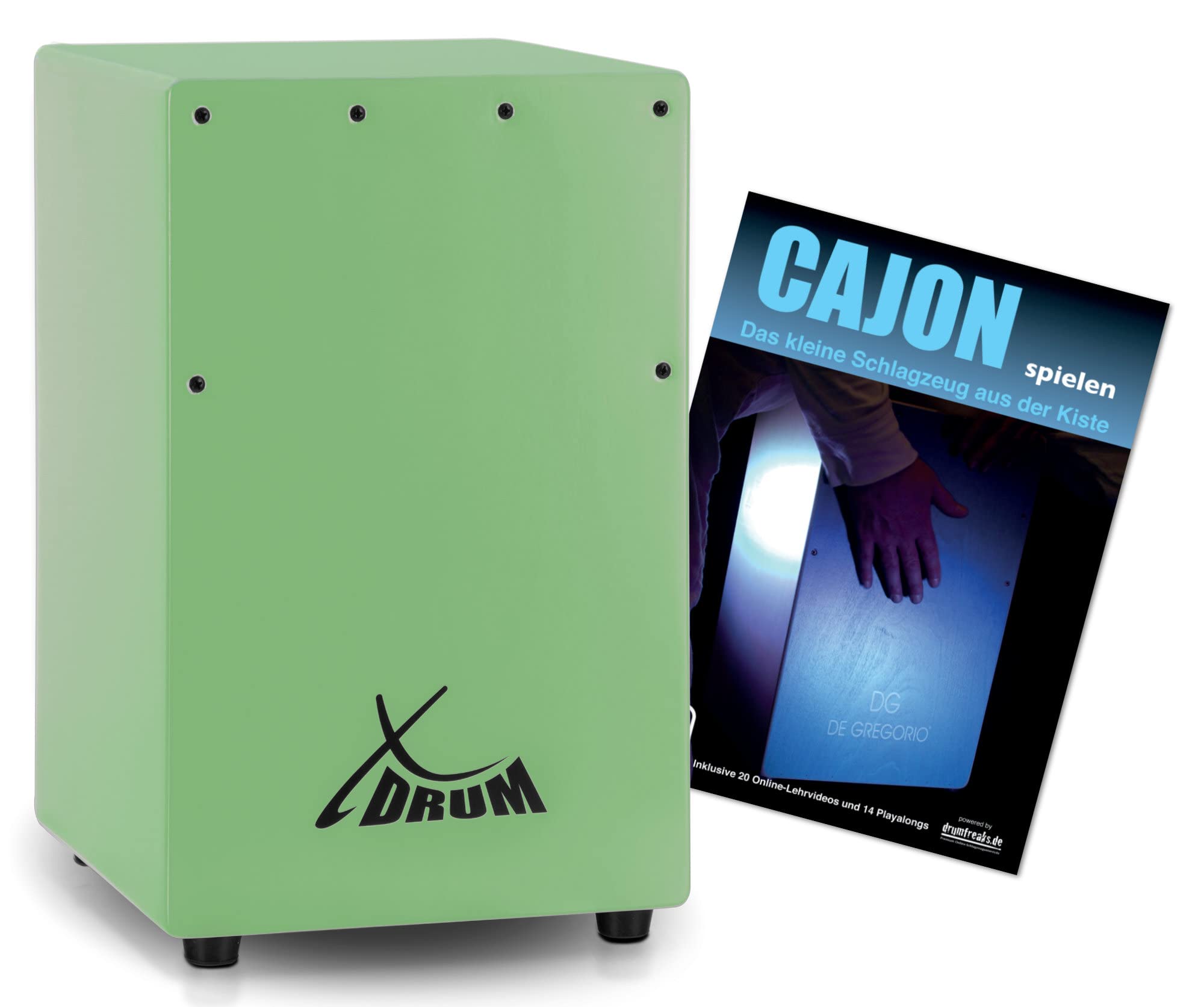 XDrum KC-37GN Cajon per bambini, 36 cm alto, effetto snare con corde accordabili. Set risparmio con scuola di cajon per principianti. Colore verde.
