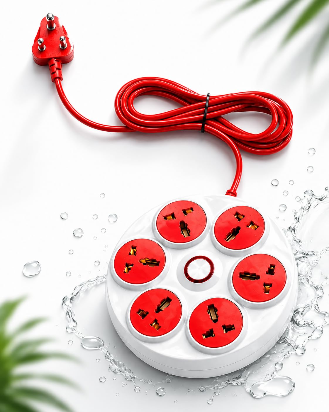 Arrostar Extension Cord 360 Degree Power Strip | 6 Universal Sockets| 3.5-Meter Cord with Safety Shutter | Multi-Plug Board for Home Appliances & Office, Wall Mount Option - White & Red-image-45