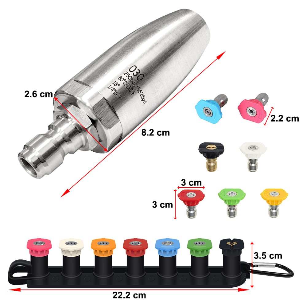 Dysza turbo ze stali nierdzewnej 3600 PSI do myjki ciśnieniowej, obracająca się o 360° dysza myjki ciśnieniowej z szybkozłączką 1/10.2 cm, 7 końcówek dysz z uchwytem na dyszę, ciepła i zimna