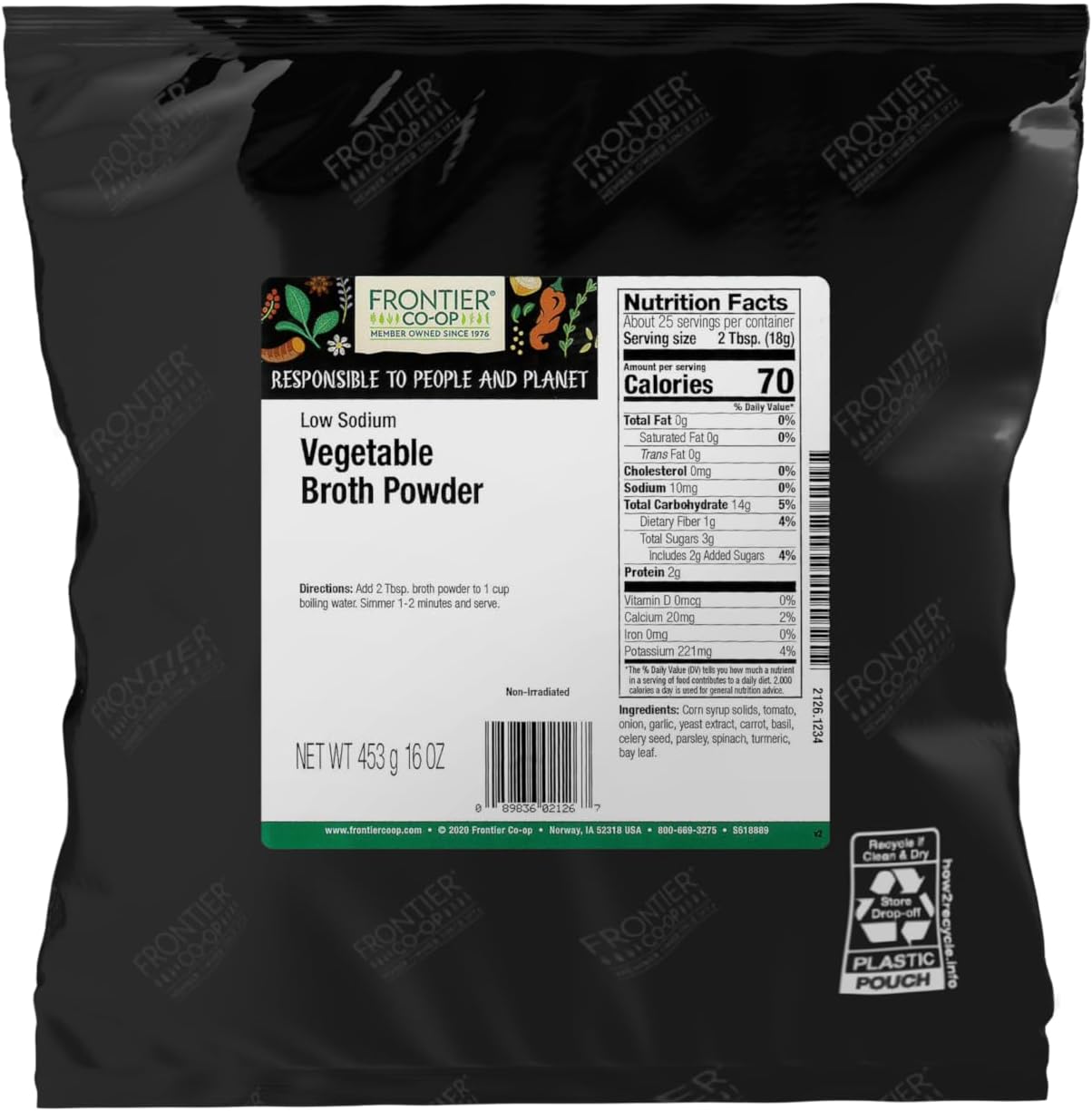 Frontier Co-op Vegetable Flavored Broth Powder, 1-Pound Bulk, Low Sodium, Onion, Garlic, Carrot, Basil, Turmeric, Celery Seed