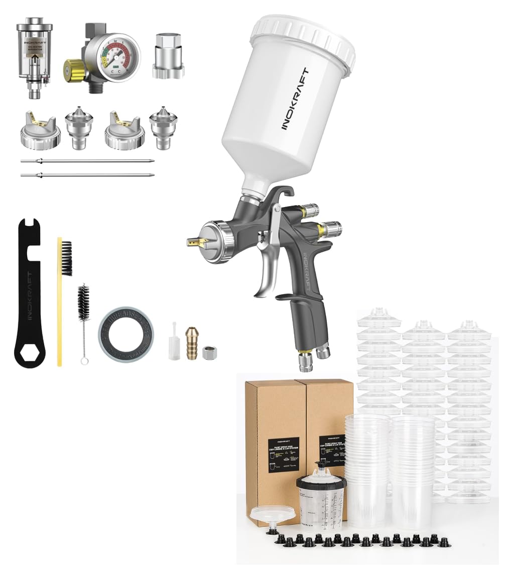 InoKraft D1 LVLP Air Spray Gun+Disposable Paint Sprayer Gun Cup 22 Ounce(650ml) Kit with 45 Cups and Lids System, 1 Hard Cup with Retainer Ring and 20 Plugs
