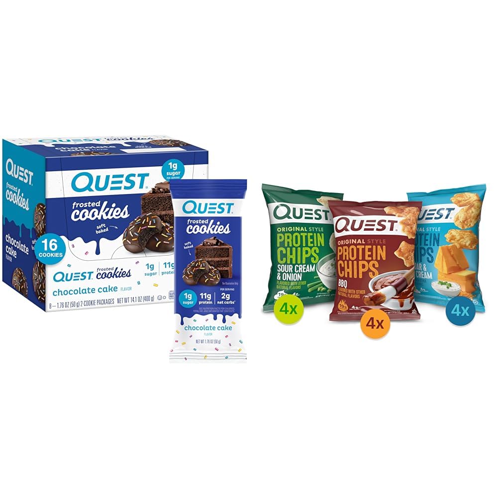 Quest NutritionFrosted Cookies & Protein Chips Variety Pack, Chocolate Cake Cookies, BBQ/Cheddar & Sour Cream/Sour Cream & Onion Chips