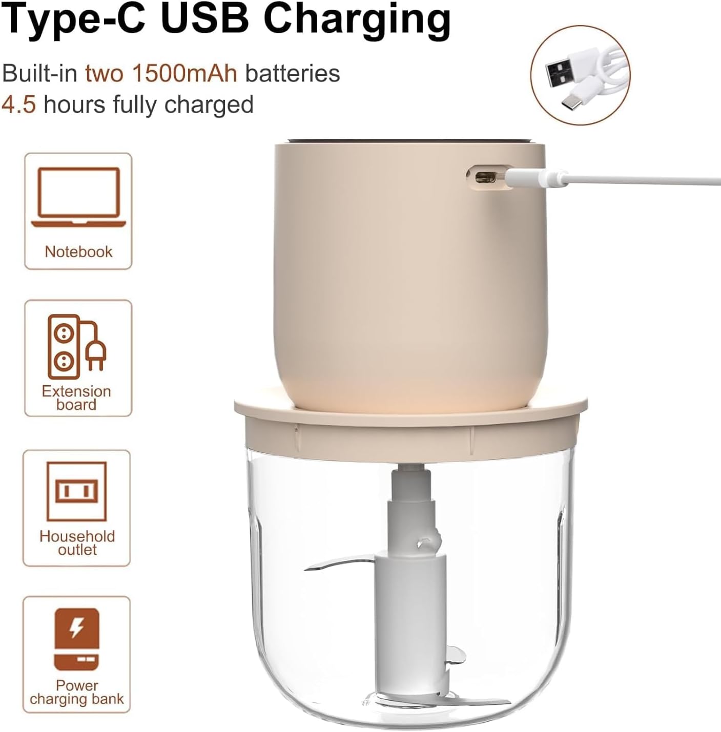 USB Charging Electric Food Processor - 600ML with 3 Additional 240ML Bowls | Compact Blender, Vegetable Chopper, and Meat Grinder for Versatile Kitchen Use (600ml Beige)