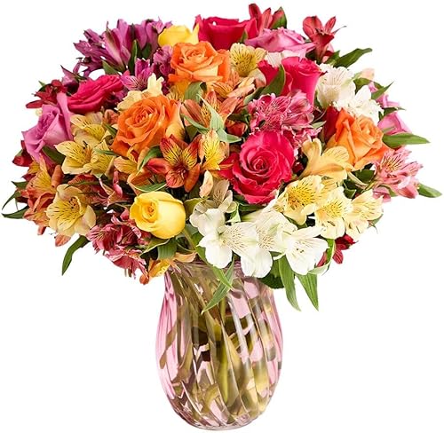 1800 flores  Ramo doble de rosas brillantes y lirios peruanos surtidos (florero rosa incluido)  Flores frescas para entrega  Regalo para cumpleaños,