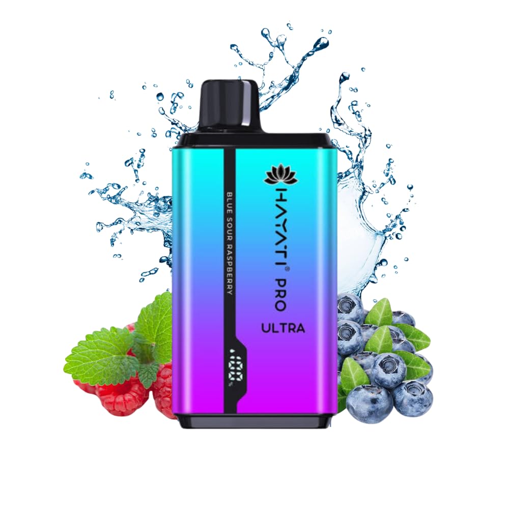 Hayati Pro Ultra 15000 Puffs Disposable Vape, Visual Display Screen, Draw-Activated Rechargeable Vape Pen, Prefilled Dual Flavour No Nicotine E-Cigeratte (Blue Sour Raspberry)