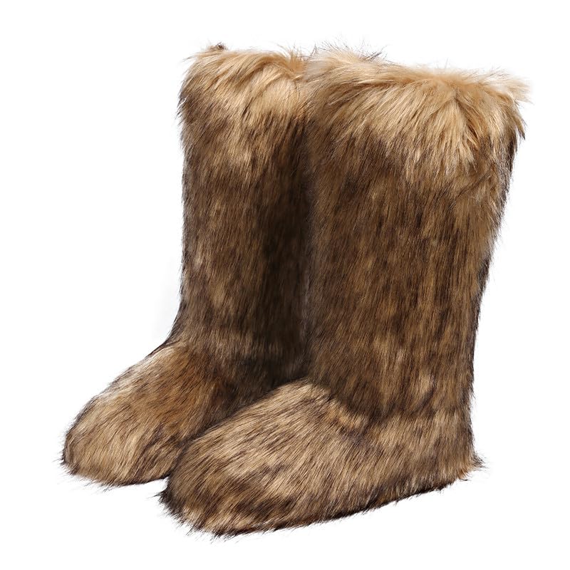Womens Waterproof Furry Fluffy Knee High Snow Boots for Winter Outdoor Comfort