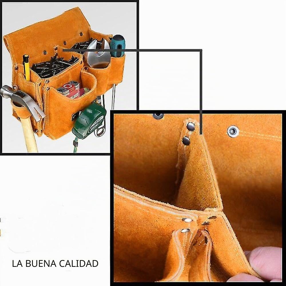 Bolsa de herramientas de cuero para carpinteros, cinturón de trabajo resistente con bolsillos dobles uno al lado, construcción duradera de gamuza de vaca, 26 x 9 x 18 cm, amarillo 1008 (cinturón de