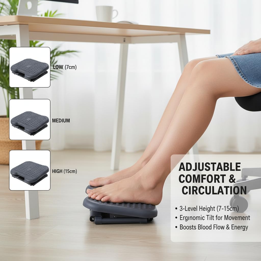 Adjustable Desk Foot Rest with Pebble Massage, Tilt Height Footrest for Home Office, Portable Under Desk Comfort Support