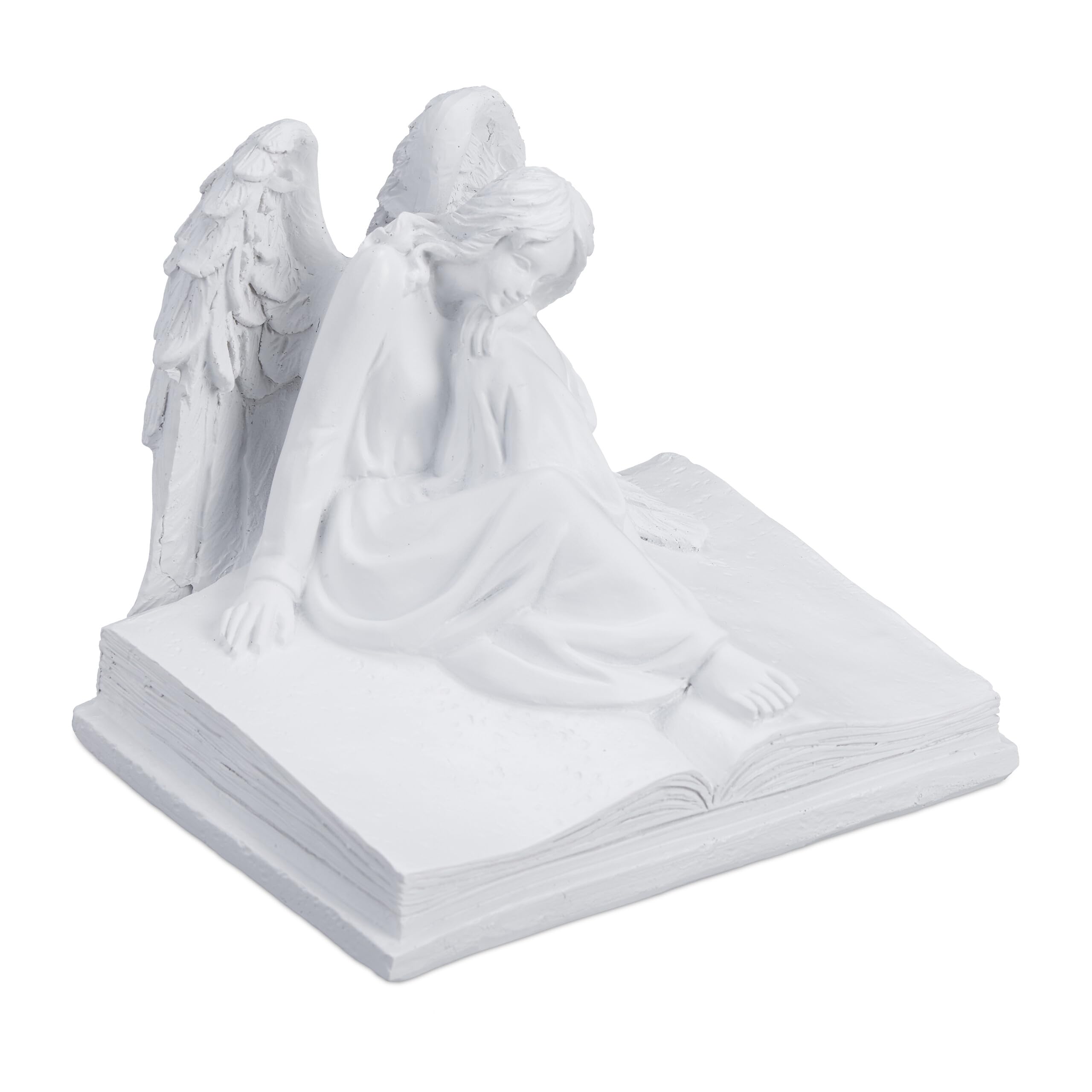 Relaxdays Grave Angel, Weatherproof, Frost-proof, HxWxD: 15 x 17.5 x 15.5 cm, Decorative Guardian on Book, Resin, White