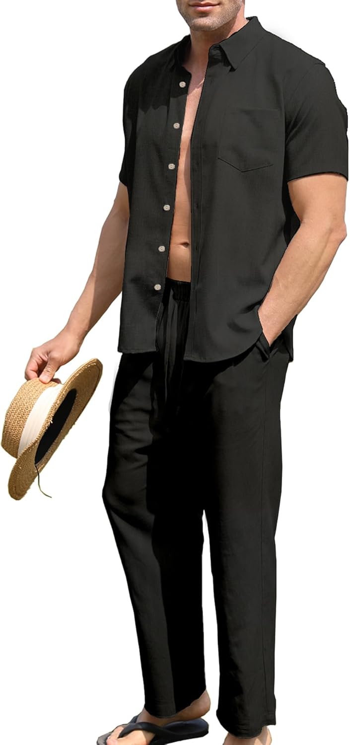 URRU Men’s 2 Piece Linen Outfit Summer Beach Short Sleeve Button Down Shirt and Pants Set